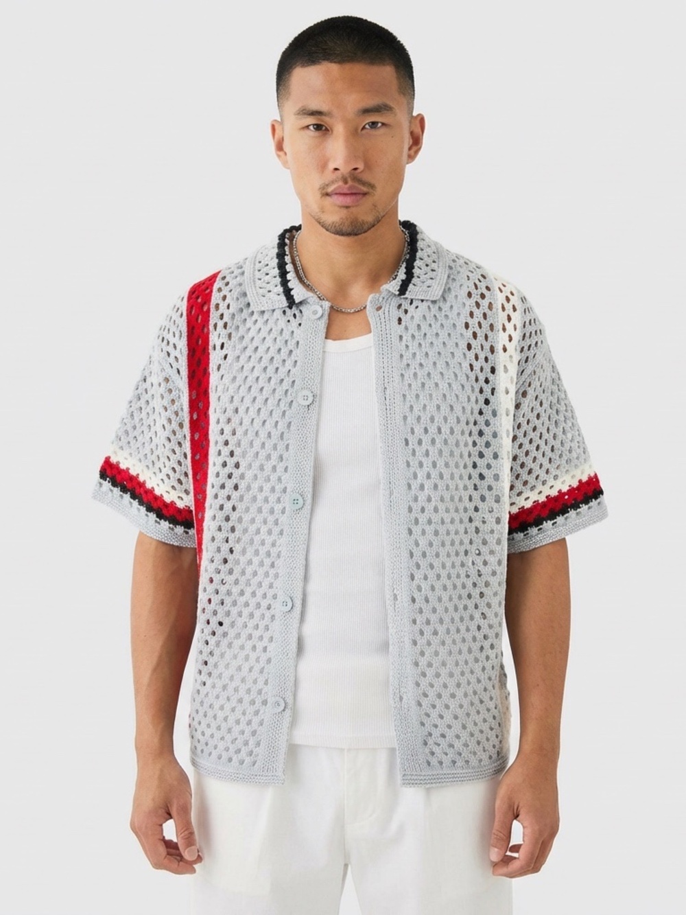 boohooMAN Gray Oversized Boxy Open Knit Abstract Stripe Shirt - Medium